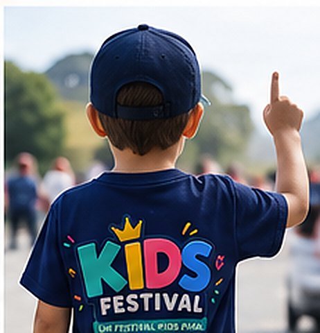 Criança com camiseta do festival apontando para o palco