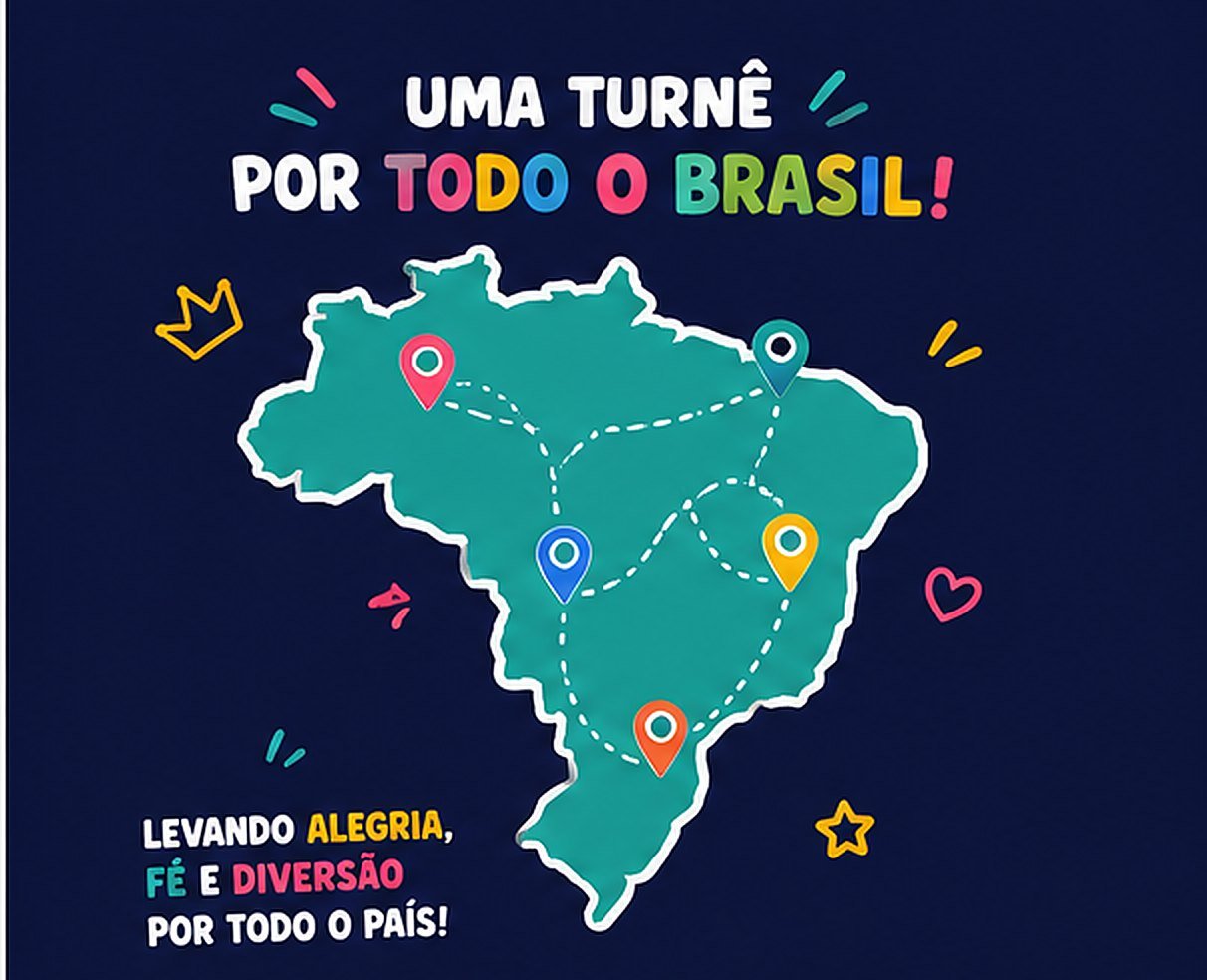 Mapa do Brasil com as cidades da turnê — levando alegria, fé e diversão por todo o país